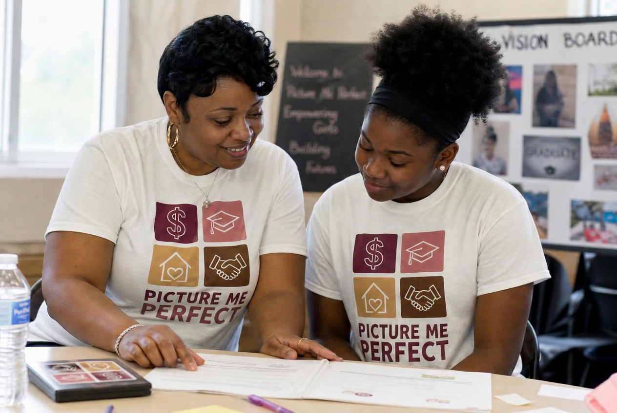 A PMPYG mentor and member in matching t-shirts journaling together at a field day